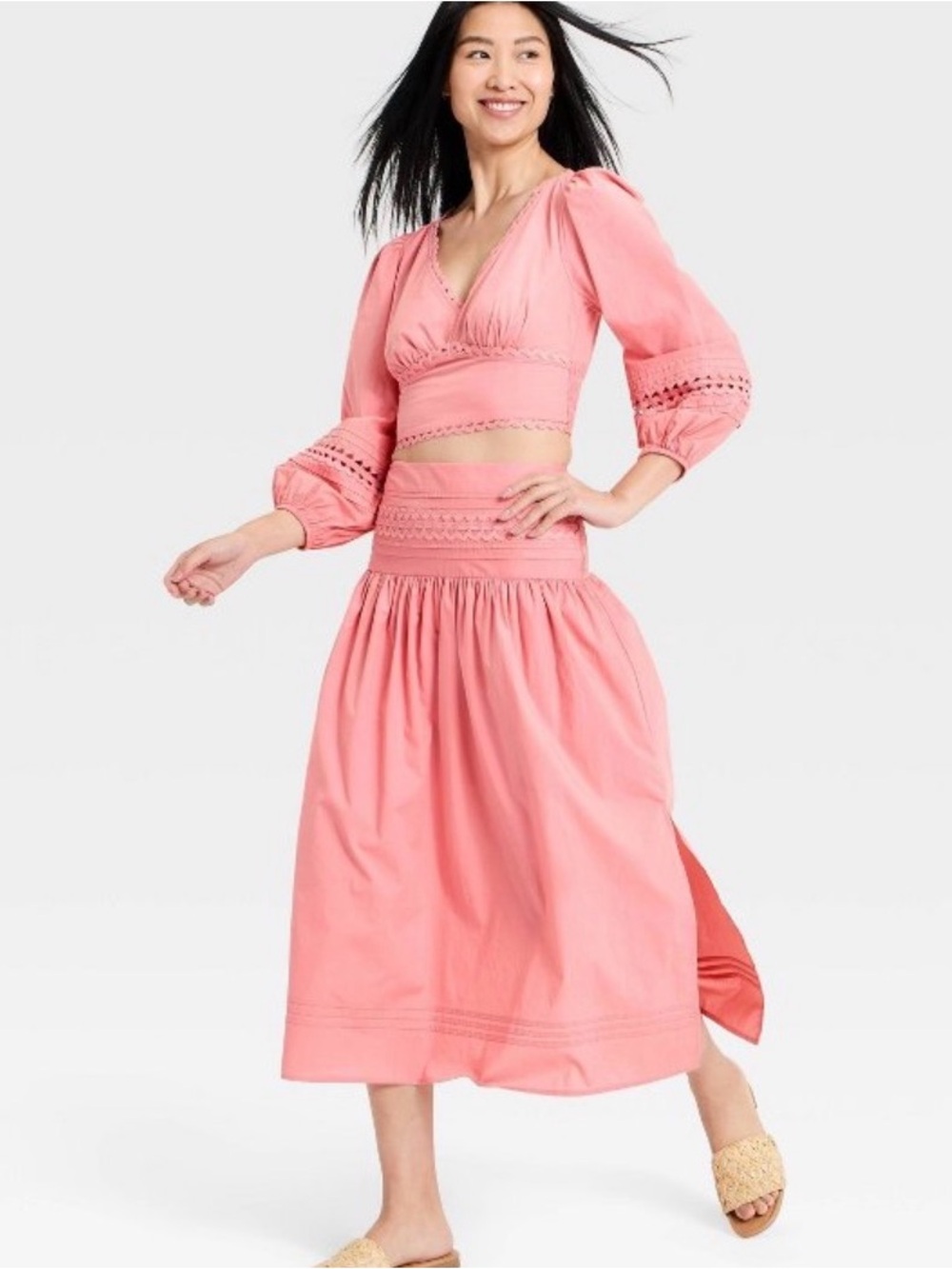 Pink Women's Midi Skirt - Stylish High Waist set with top